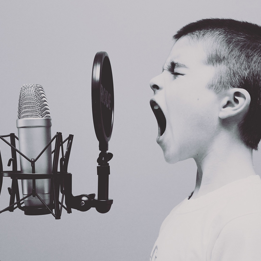 Rundfunkpreise Mitteldeutschland 2018 - Junge schreit in ein Studiomikrofon